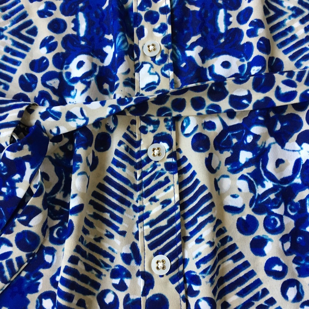 Cabi Blue Jewel Print Shirt Dress Women S 4 6 Button Up #422 Roll Tab Sleeve - Picture 4 of 10
